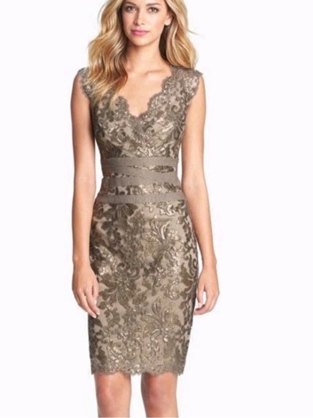 Tadashi Shoji bronze gold embellished lace sheath dress 12 cocktail evening